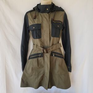 Aigle Utility A-line Belted Anorak Coat Olive Green/Navy Blue | Brass | M